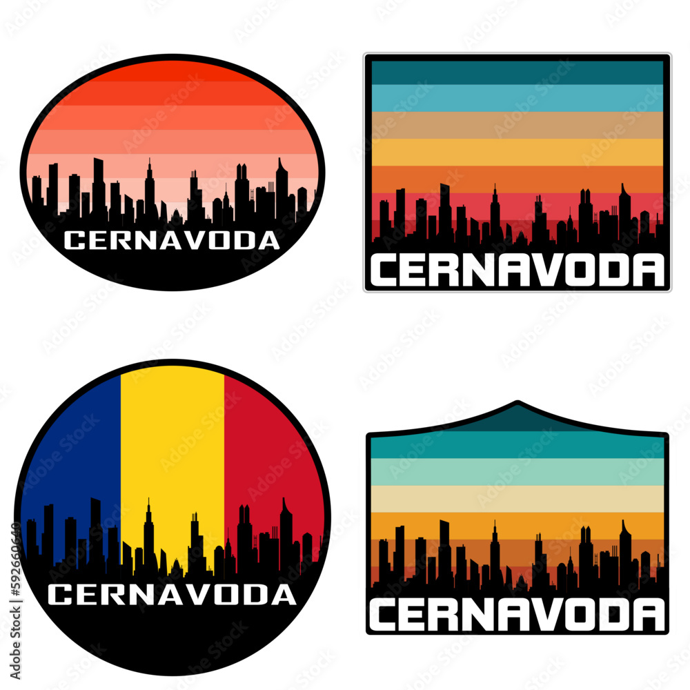 Cernavoda Skyline Silhouette Romania Flag Travel Souvenir Sticker Sunset Background Vector Illustration SVG EPS AI