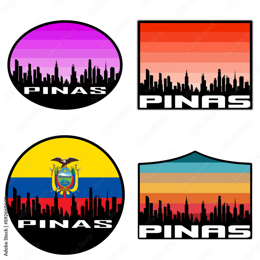 Pinas Skyline Silhouette Ecuador Flag Travel Souvenir Sticker Sunset Background Vector Illustration SVG EPS AI