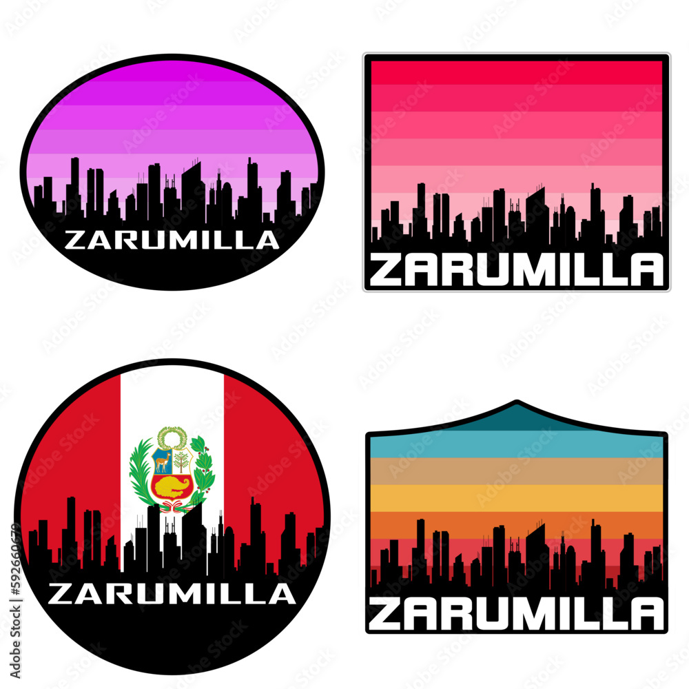 Zarumilla Skyline Silhouette Peru Flag Travel Souvenir Sticker Sunset Background Vector Illustration SVG EPS AI