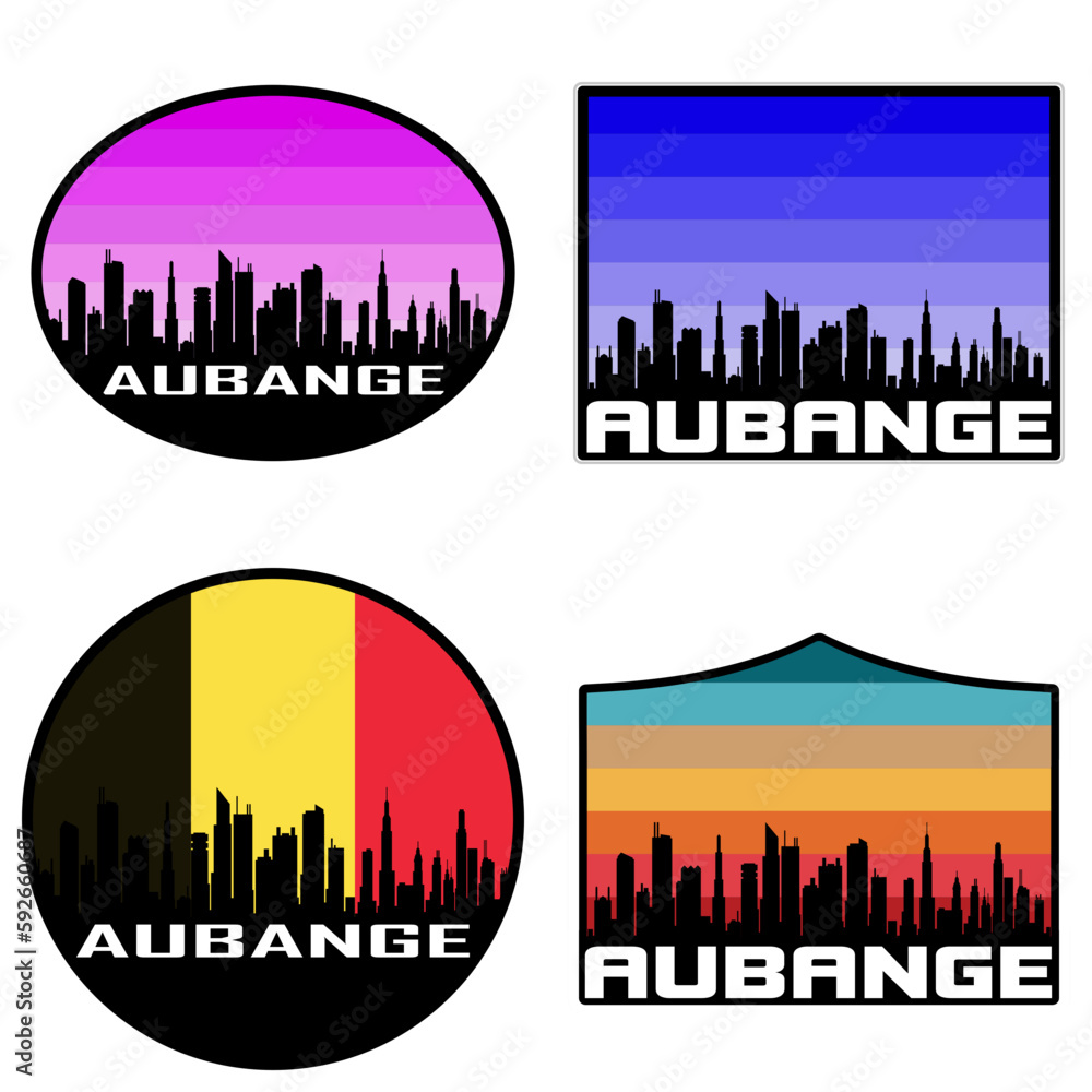 Aubange Skyline Silhouette Belgium Flag Travel Souvenir Sticker Sunset Background Vector Illustration SVG EPS AI