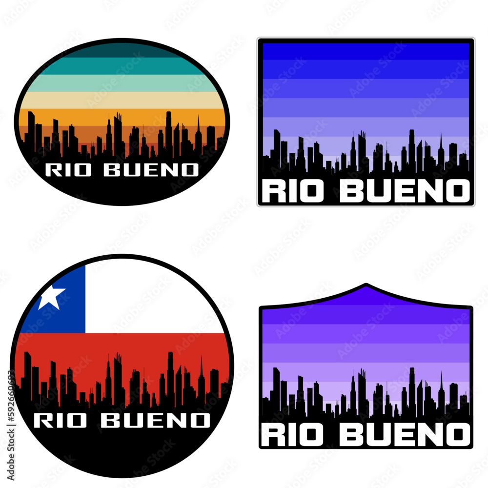 Rio Bueno Skyline Silhouette Chile Flag Travel Souvenir Sticker Sunset Background Vector Illustration SVG EPS AI