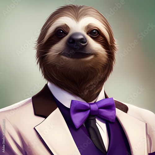 Threetoe Sloth Wearing Purple Bowtie and Cream Tuxedo Suit - Created with Generative AI. photo