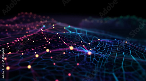 Cyber big data flow. Blockchain data fields. Network line connect stream. Concept of AI technology, digital communication, science research, 3D illustration neural cells