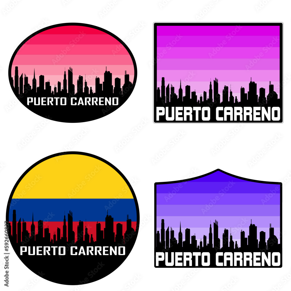 Puerto Carreno Skyline Silhouette Colombia Flag Travel Souvenir Sticker Sunset Background Vector Illustration SVG EPS AI