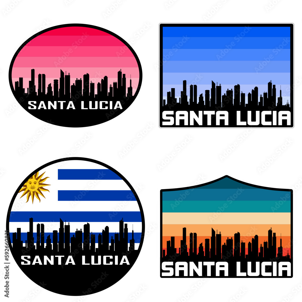 Santa Lucia Skyline Silhouette Uruguay Flag Travel Souvenir Sticker Sunset Background Vector Illustration SVG EPS AI