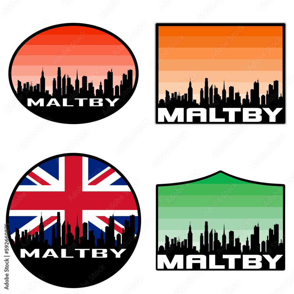 Maltby Skyline Silhouette Uk Flag Travel Souvenir Sticker Sunset Background Vector Illustration SVG EPS AI
