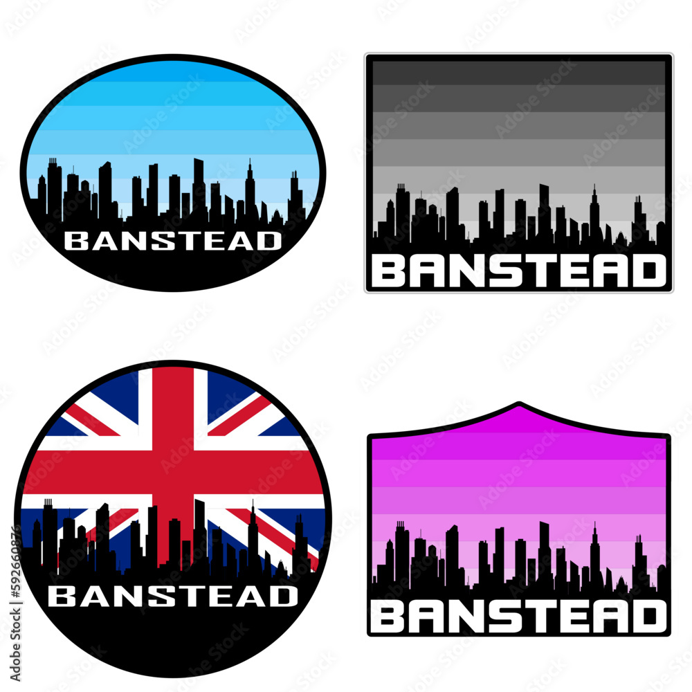 Banstead Skyline Silhouette Uk Flag Travel Souvenir Sticker Sunset Background Vector Illustration SVG EPS AI