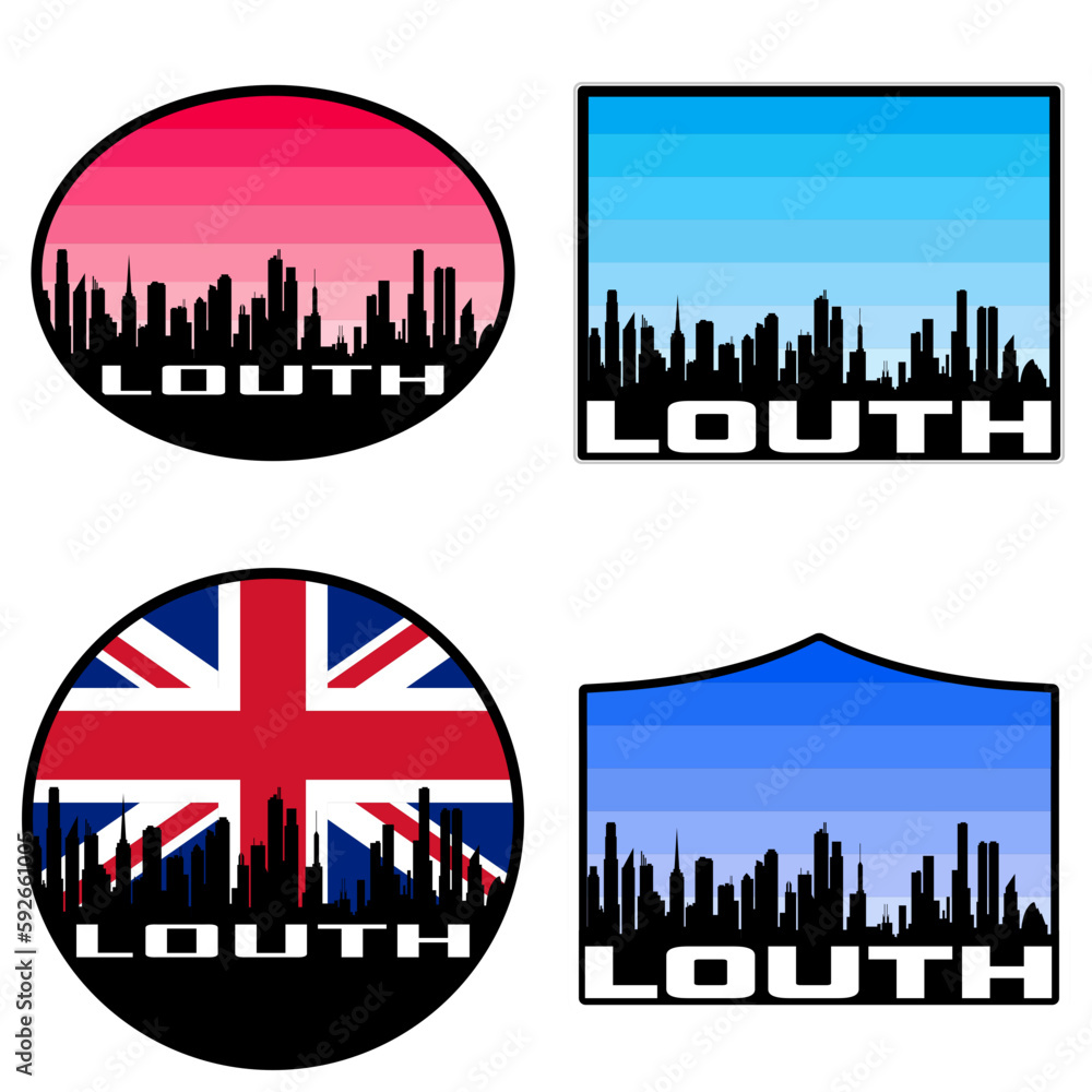 Louth Skyline Silhouette Uk Flag Travel Souvenir Sticker Sunset Background Vector Illustration SVG EPS AI