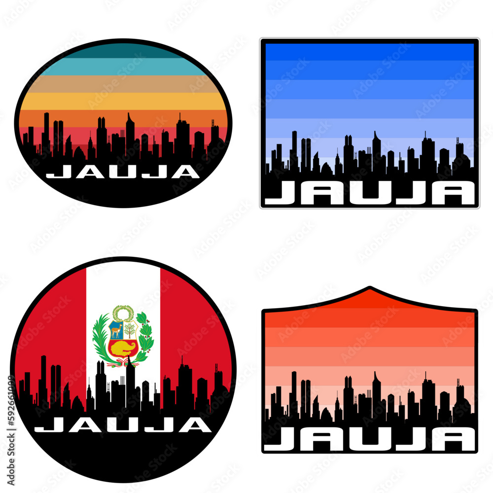 Jauja Skyline Silhouette Peru Flag Travel Souvenir Sticker Sunset Background Vector Illustration SVG EPS AI