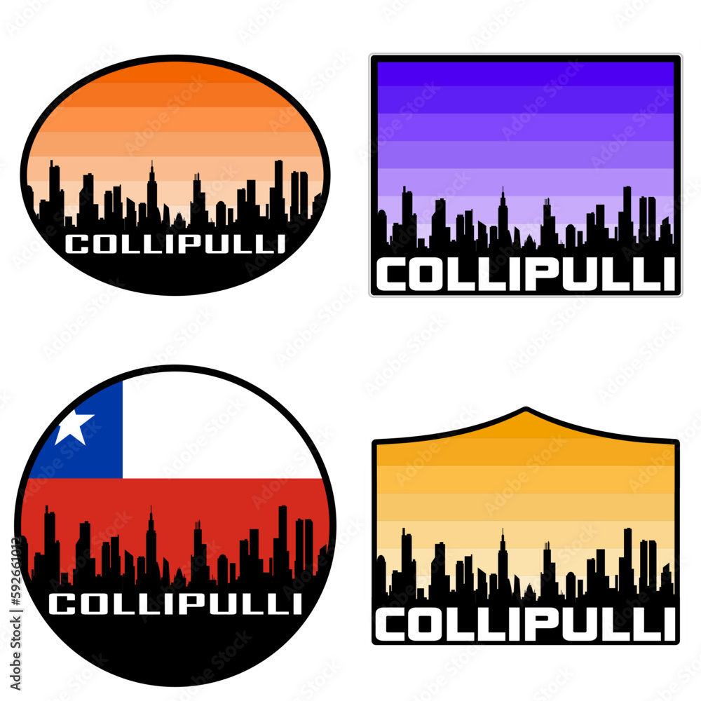 Collipulli Skyline Silhouette Chile Flag Travel Souvenir Sticker Sunset Background Vector Illustration SVG EPS AI