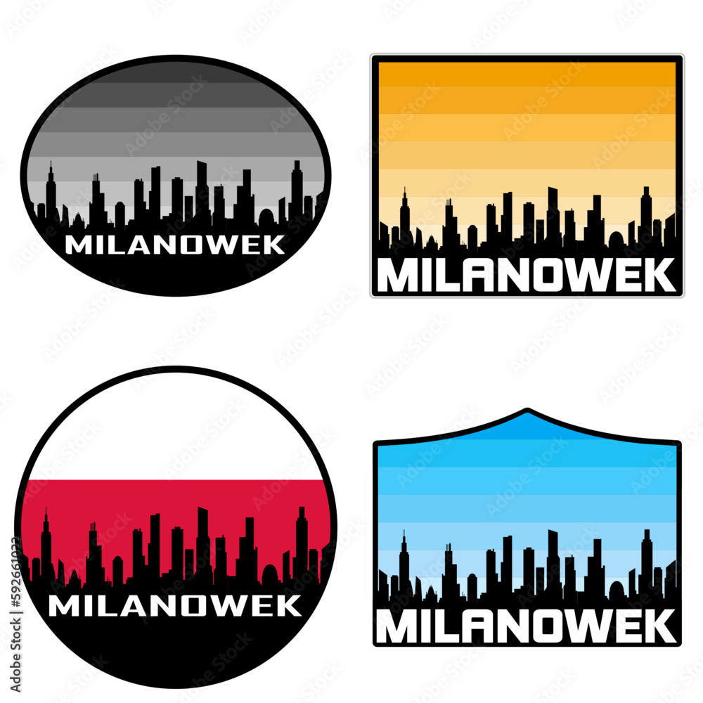 Milanowek Skyline Silhouette Poland Flag Travel Souvenir Sticker Sunset Background Vector Illustration SVG EPS AI