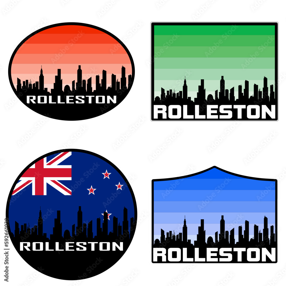 Rolleston Skyline Silhouette New Zealand Flag Travel Souvenir Sticker Sunset Background Vector Illustration SVG EPS AI