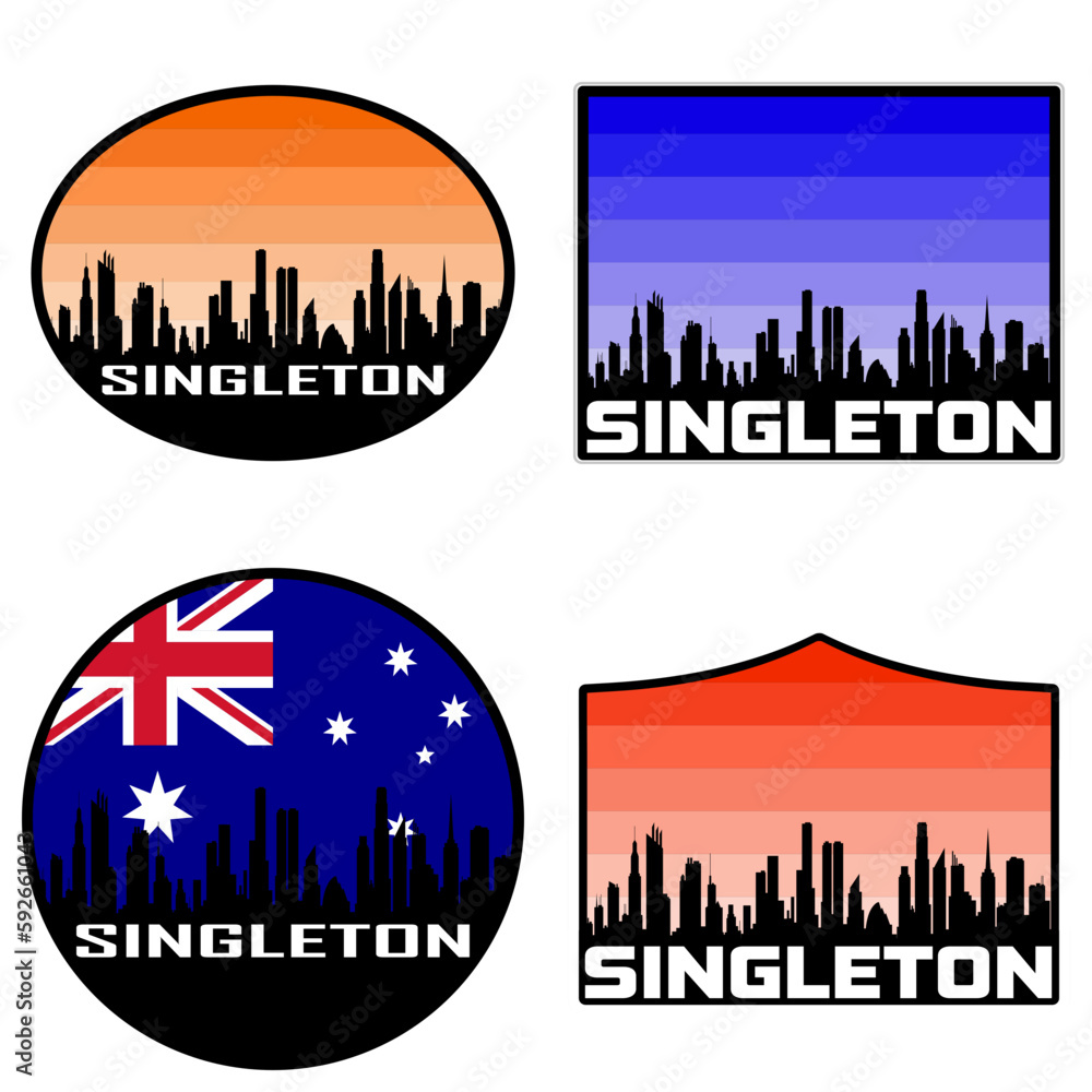 Singleton Skyline Silhouette Australia Flag Travel Souvenir Sticker Sunset Background Vector Illustration SVG EPS AI