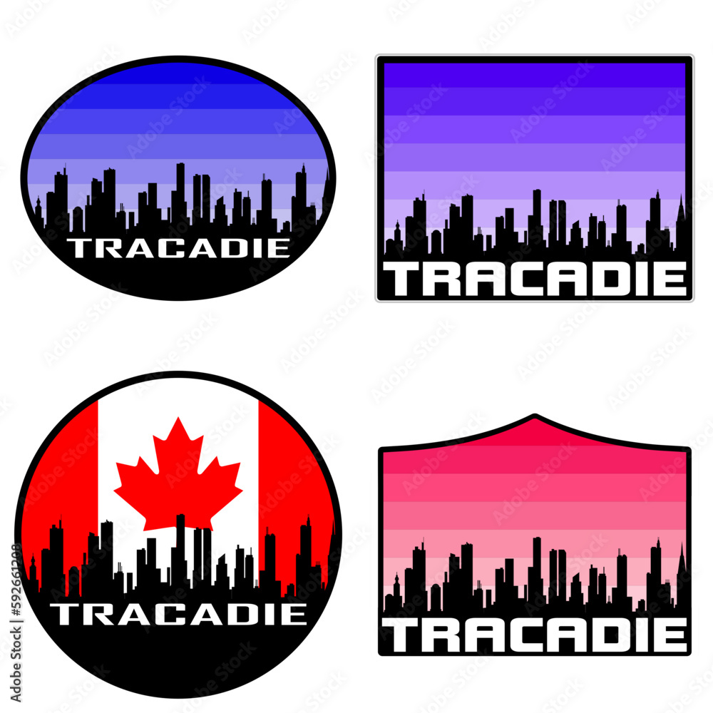 Tracadie Skyline Silhouette Canada Flag Travel Souvenir Sticker Sunset Background Vector Illustration SVG EPS AI