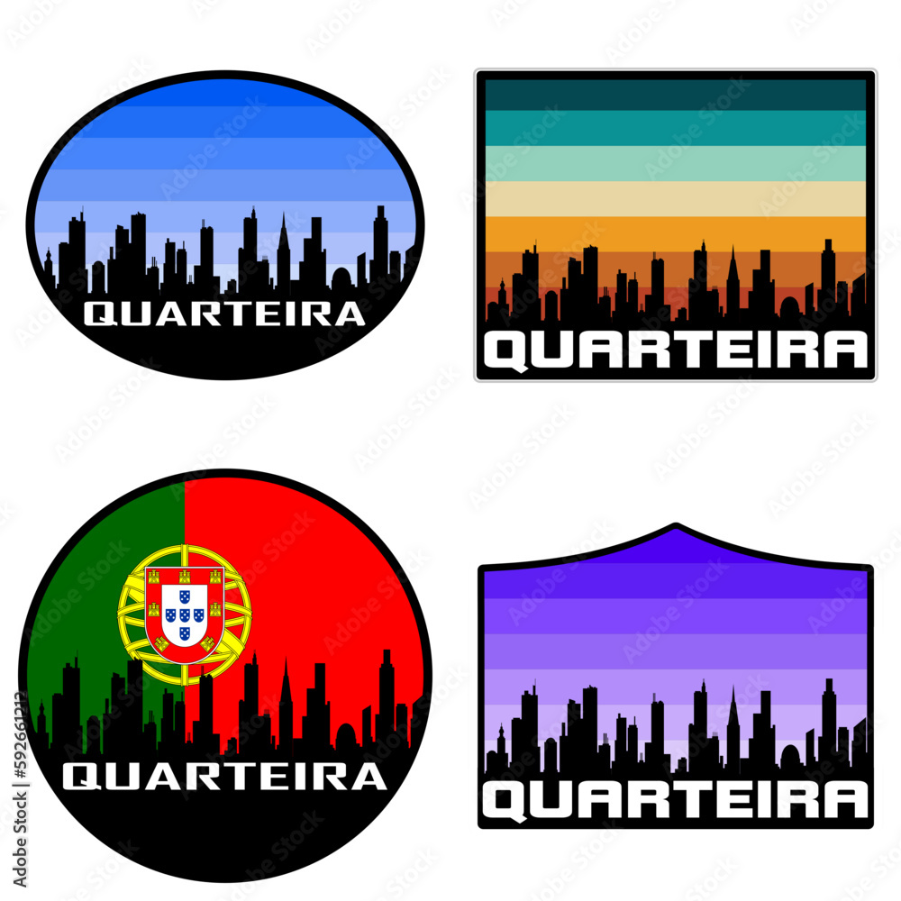 Quarteira Skyline Silhouette Portugal Flag Travel Souvenir Sticker Sunset Background Vector Illustration SVG EPS AI