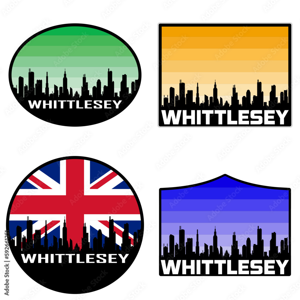 Whittlesey Skyline Silhouette Uk Flag Travel Souvenir Sticker Sunset Background Vector Illustration SVG EPS AI