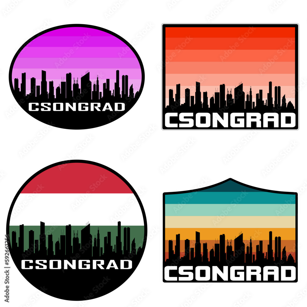 Csongrad Skyline Silhouette Hungary Flag Travel Souvenir Sticker Sunset Background Vector Illustration SVG EPS AI
