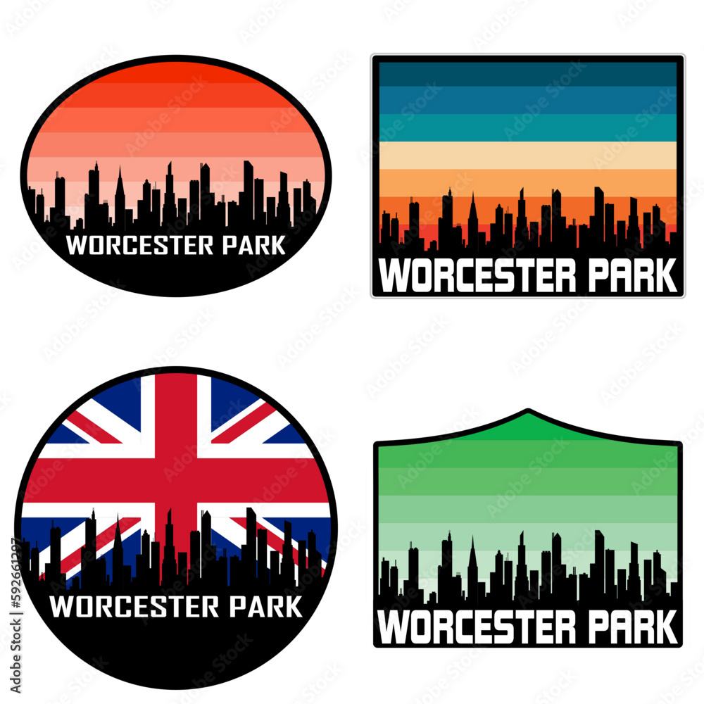 Worcester Park Skyline Silhouette Uk Flag Travel Souvenir Sticker Sunset Background Vector Illustration SVG EPS AI
