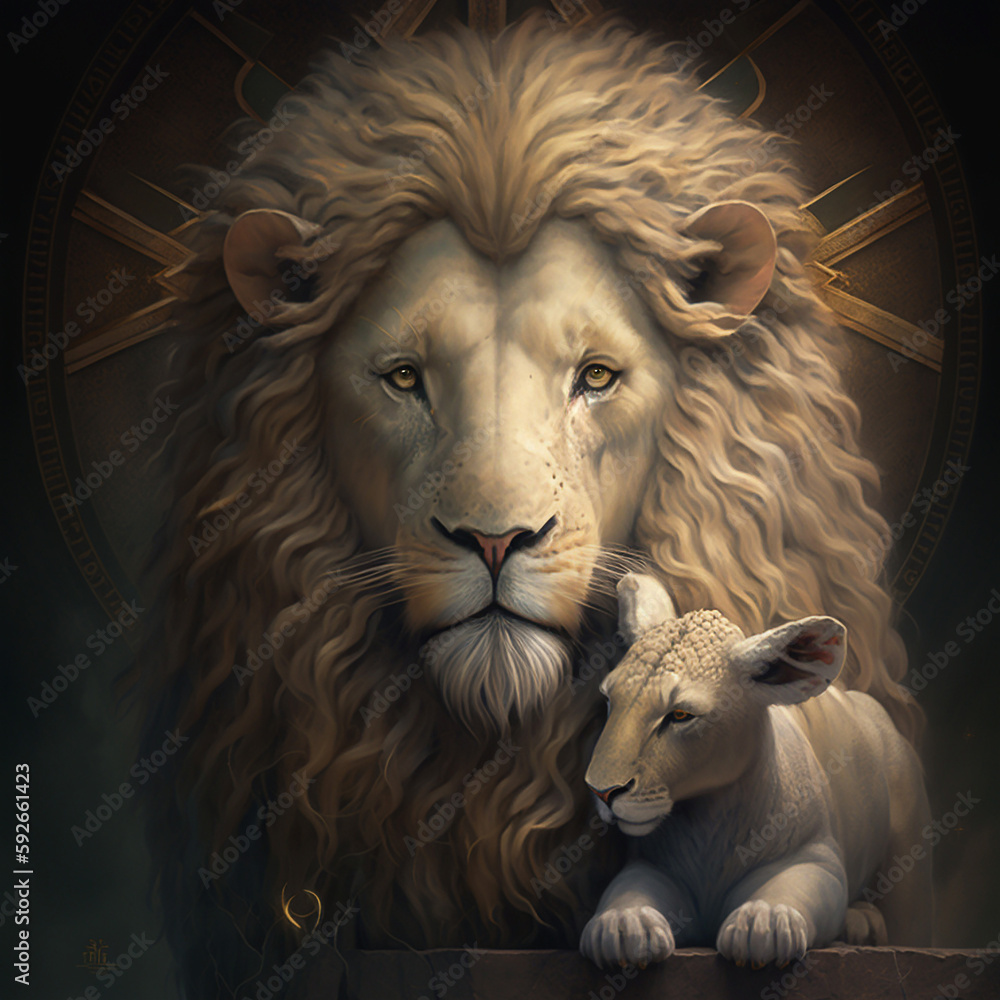 Fototapeta premium Illustration showing a lion and a sheep