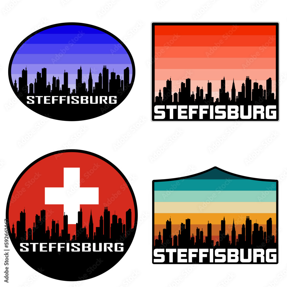 Steffisburg Skyline Silhouette Switzerland Flag Travel Souvenir Sticker Sunset Background Vector Illustration SVG EPS AI