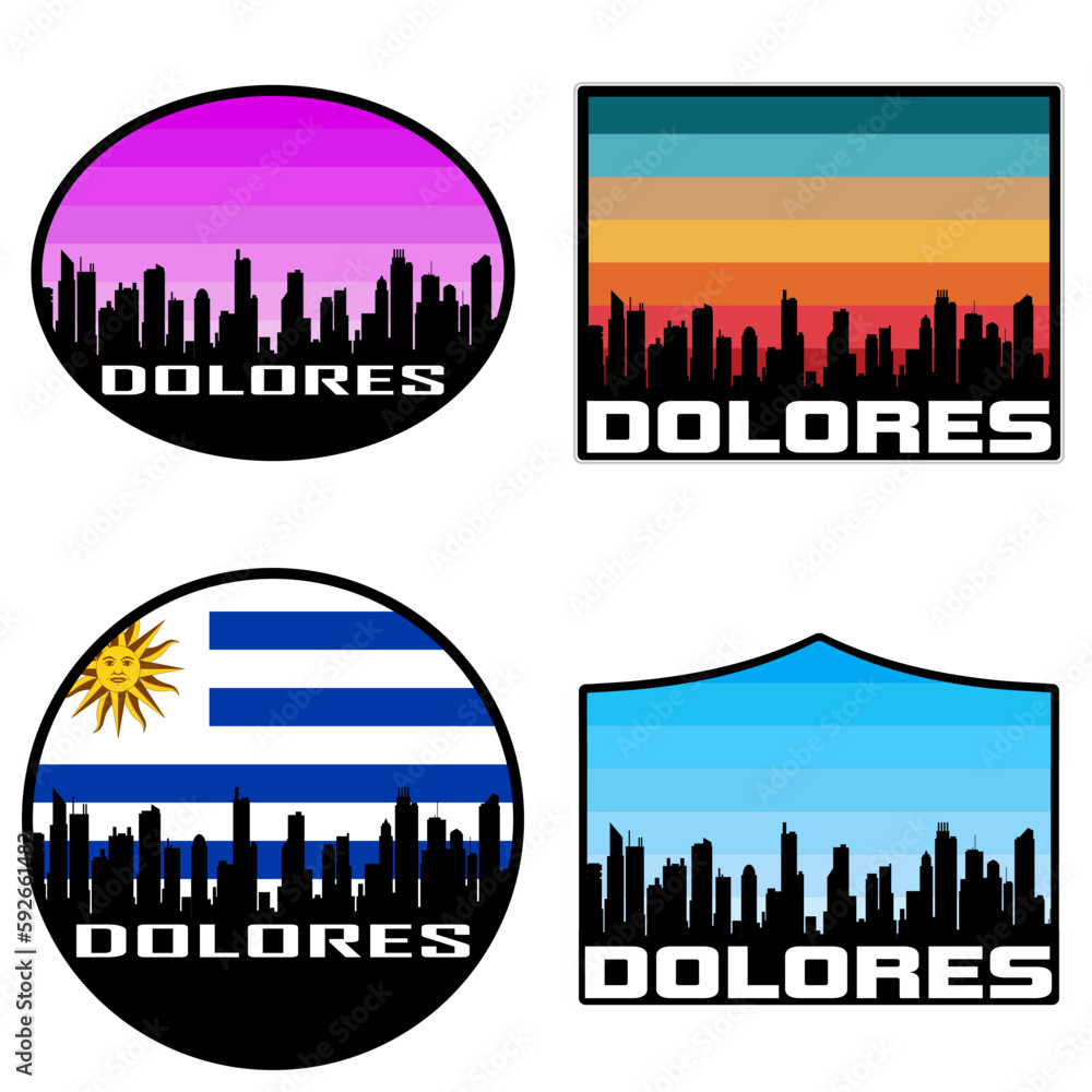 Dolores Skyline Silhouette Uruguay Flag Travel Souvenir Sticker Sunset Background Vector Illustration SVG EPS AI