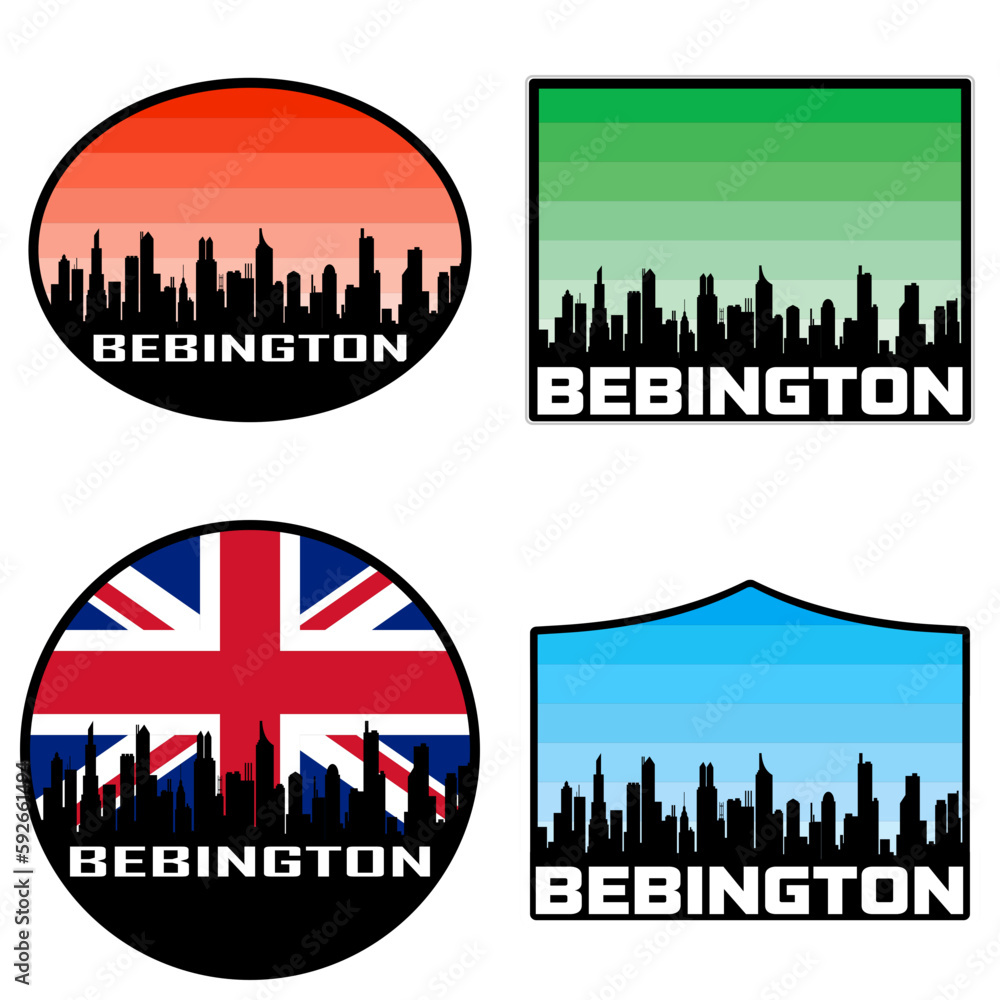 Bebington Skyline Silhouette Uk Flag Travel Souvenir Sticker Sunset Background Vector Illustration SVG EPS AI