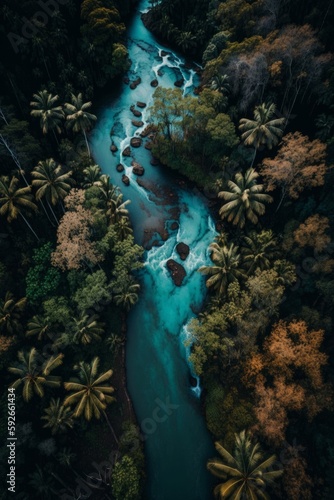 A drone photo captures the lush greenery of the jungle  with a winding river cutting through the dense foliage. The tranquil water offers a glimpse of serenity amidst the wild surroundings.
