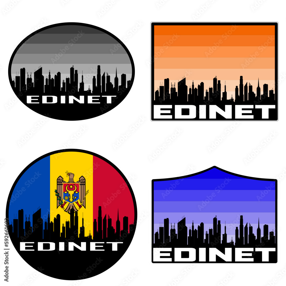 Edinet Skyline Silhouette Moldova Flag Travel Souvenir Sticker Sunset Background Vector Illustration SVG EPS AI
