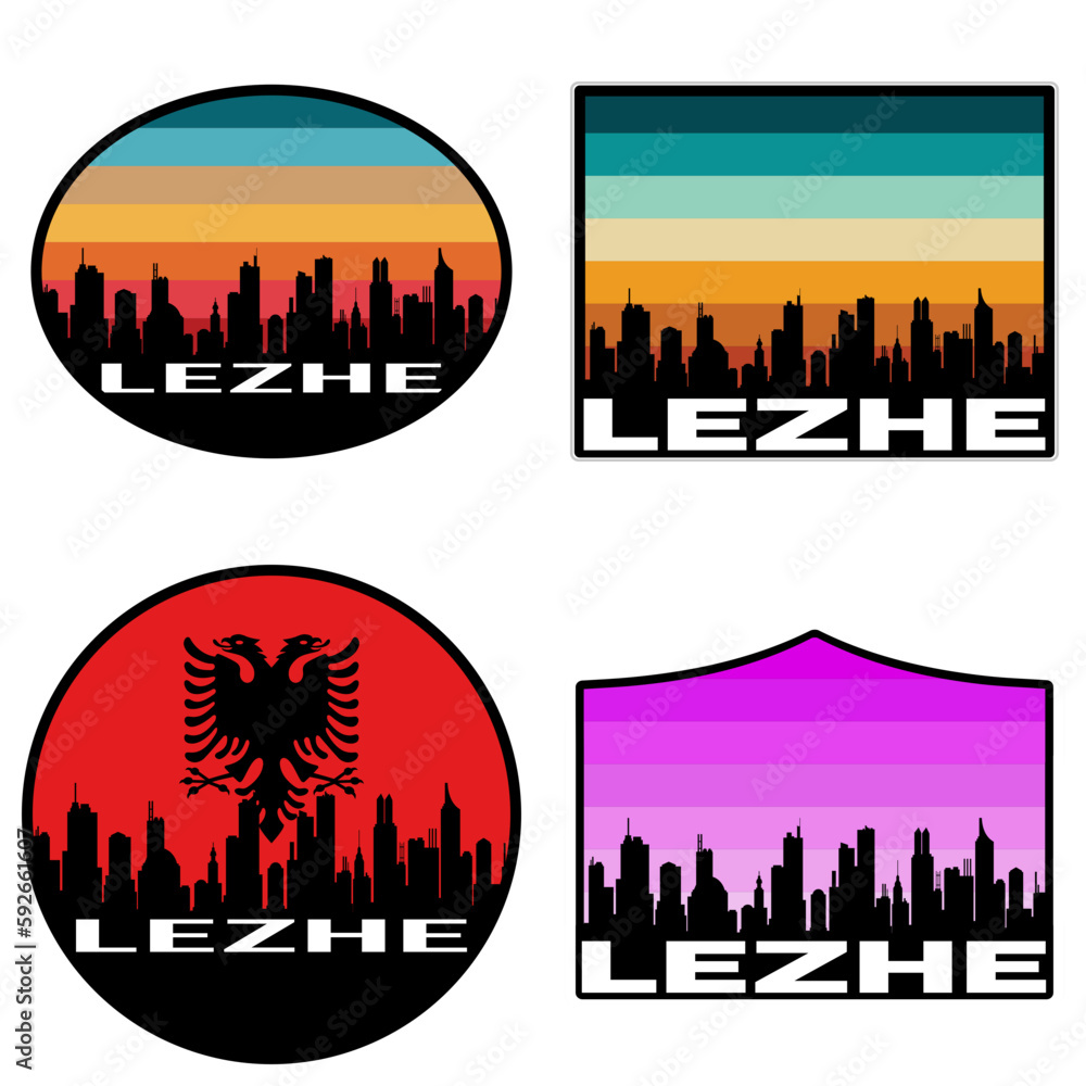 Lezhe Skyline Silhouette Albania Flag Travel Souvenir Sticker Sunset Background Vector Illustration SVG EPS AI
