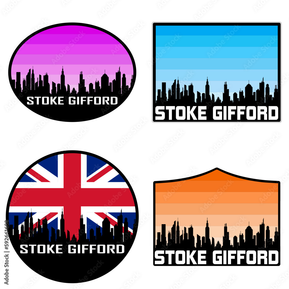 Stoke Gifford Skyline Silhouette Uk Flag Travel Souvenir Sticker Sunset Background Vector Illustration SVG EPS AI