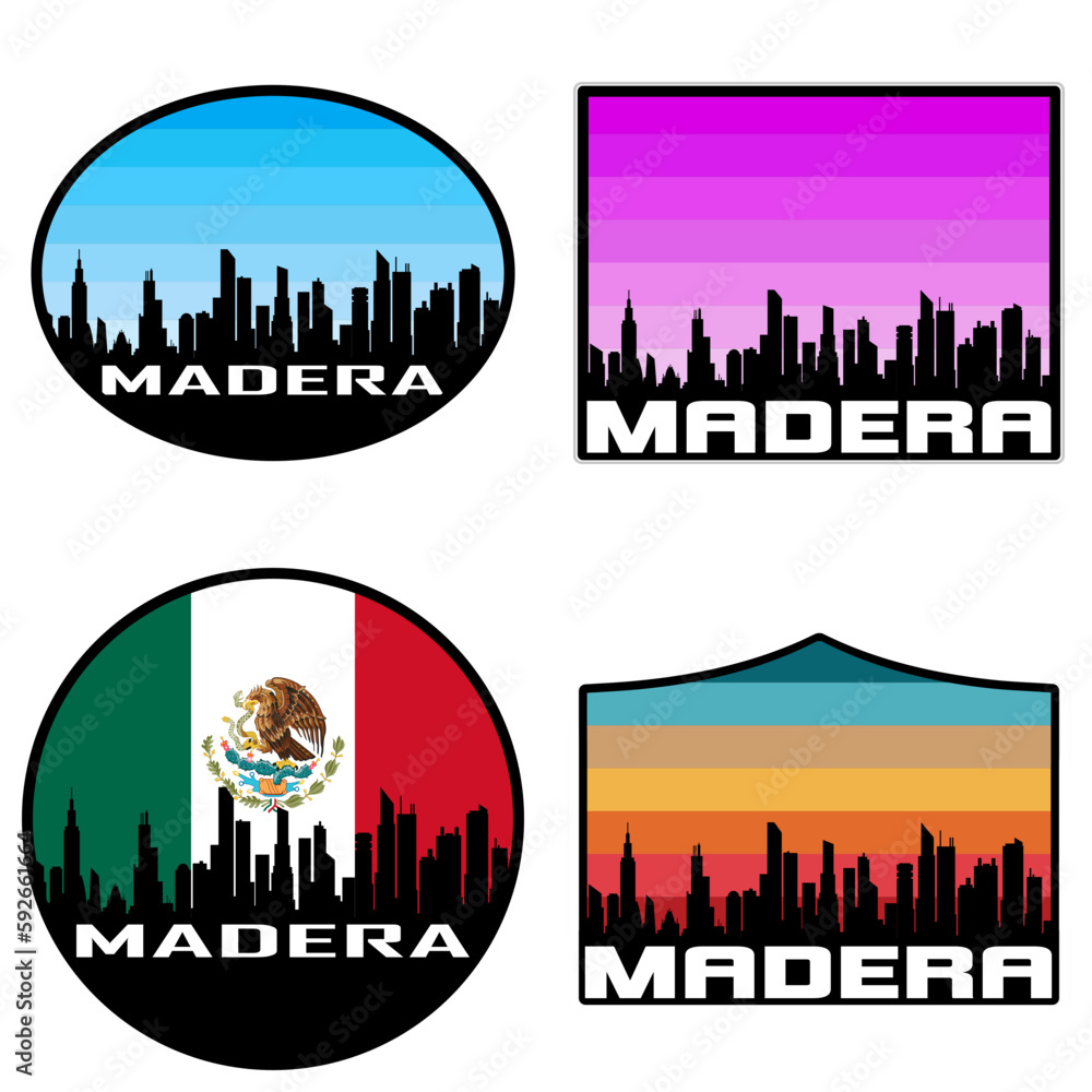 Madera Skyline Silhouette Mexico Flag Travel Souvenir Sticker Sunset Background Vector Illustration SVG EPS AI
