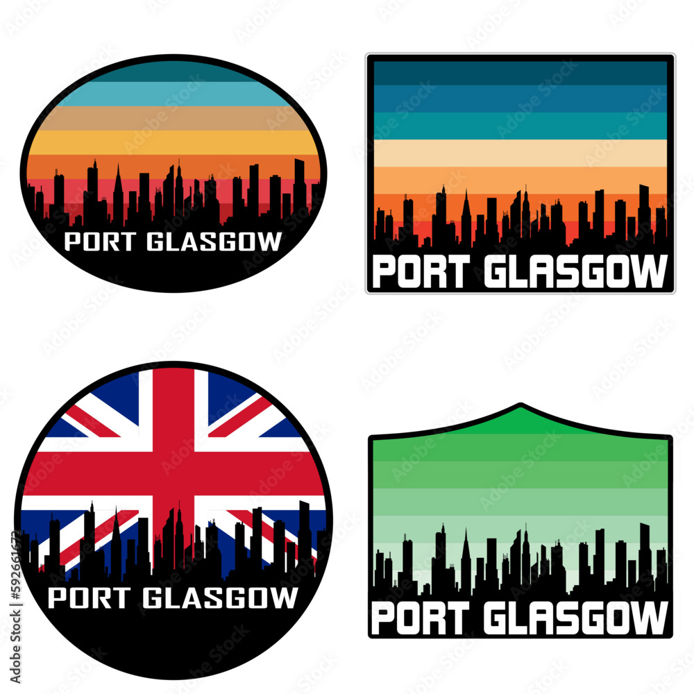 Port Glasgow Skyline Silhouette Uk Flag Travel Souvenir Sticker Sunset Background Vector Illustration SVG EPS AI