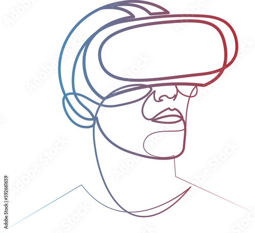 Man wearing virtual reality glasses continuous line drawing. One line art of young man is experiencing virtual reality through a VR headset. Gradient line logo isolated minimal vector illustration.