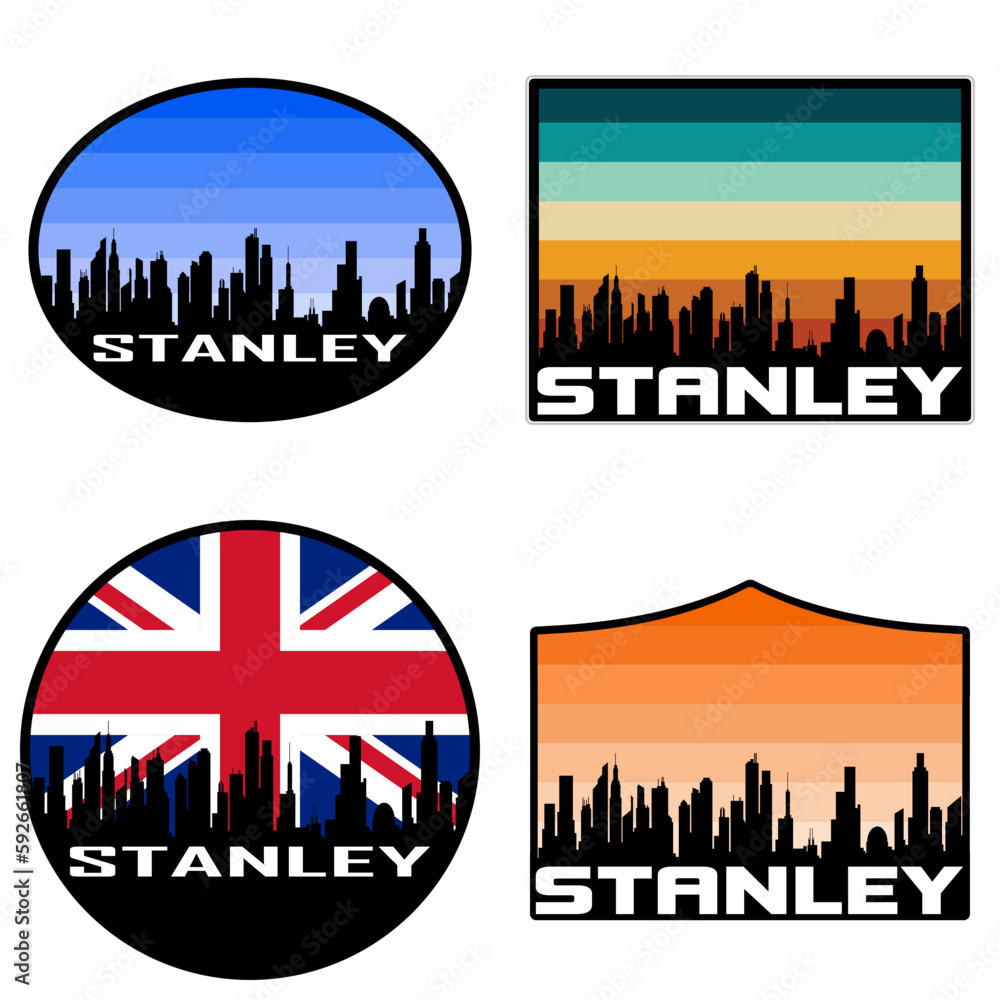 Stanley Skyline Silhouette Uk Flag Travel Souvenir Sticker Sunset Background Vector Illustration SVG EPS AI