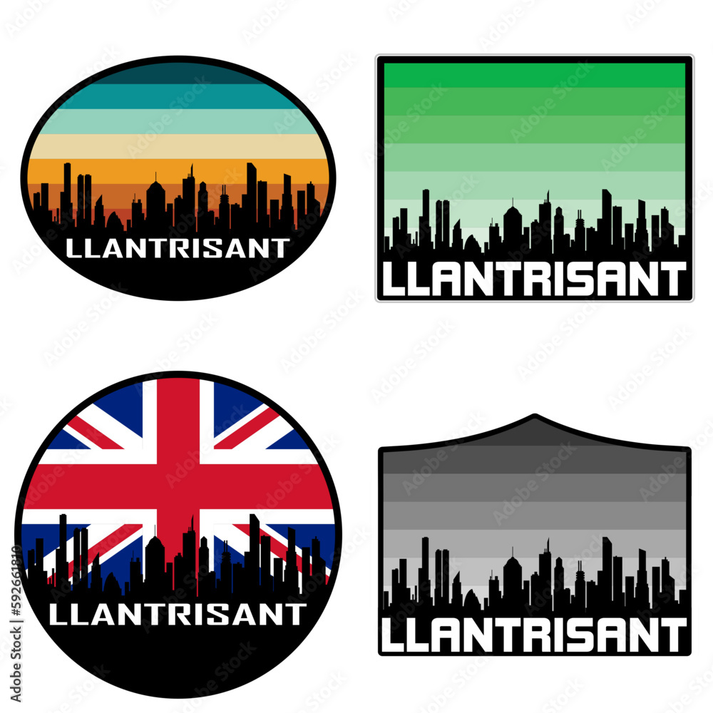 Llantrisant Skyline Silhouette Uk Flag Travel Souvenir Sticker Sunset Background Vector Illustration SVG EPS AI