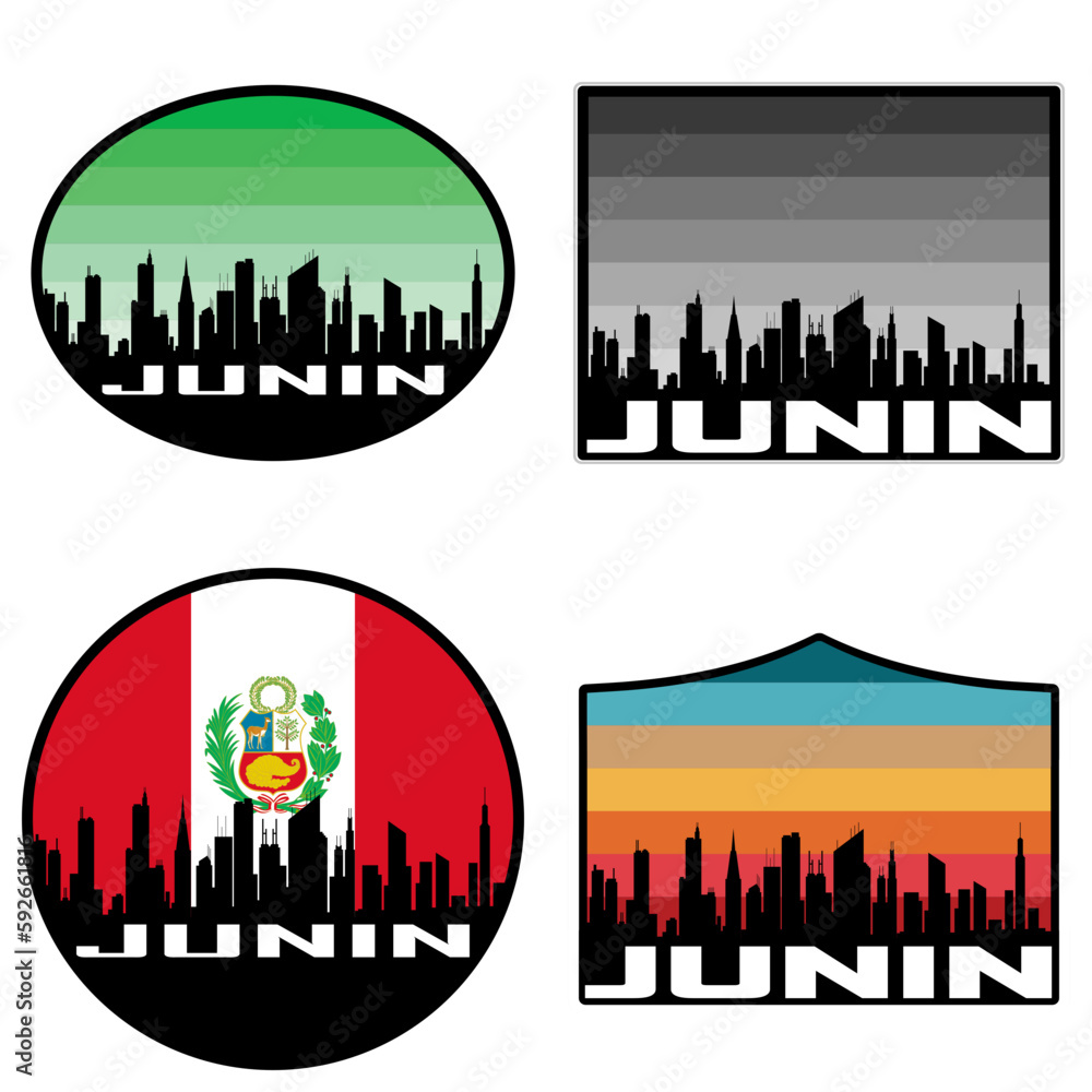 Junin Skyline Silhouette Peru Flag Travel Souvenir Sticker Sunset Background Vector Illustration SVG EPS AI