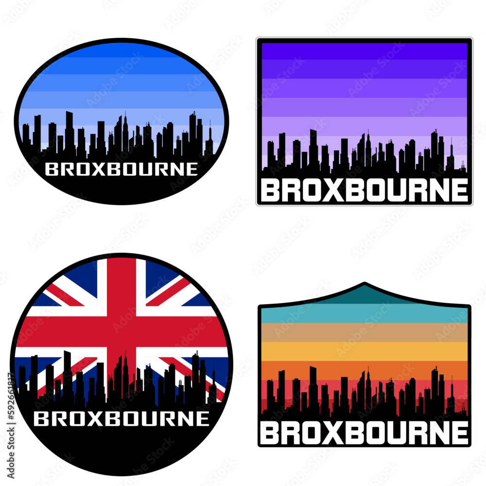 Broxbourne Skyline Silhouette Uk Flag Travel Souvenir Sticker Sunset Background Vector Illustration SVG EPS AI