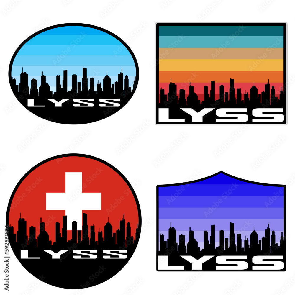 Lyss Skyline Silhouette Switzerland Flag Travel Souvenir Sticker Sunset Background Vector Illustration SVG EPS AI