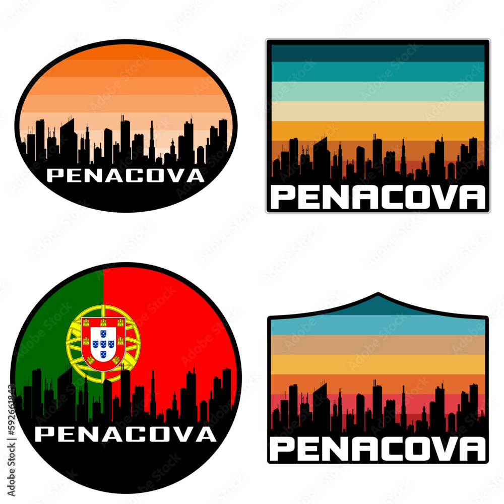 Penacova Skyline Silhouette Portugal Flag Travel Souvenir Sticker Sunset Background Vector Illustration SVG EPS AI