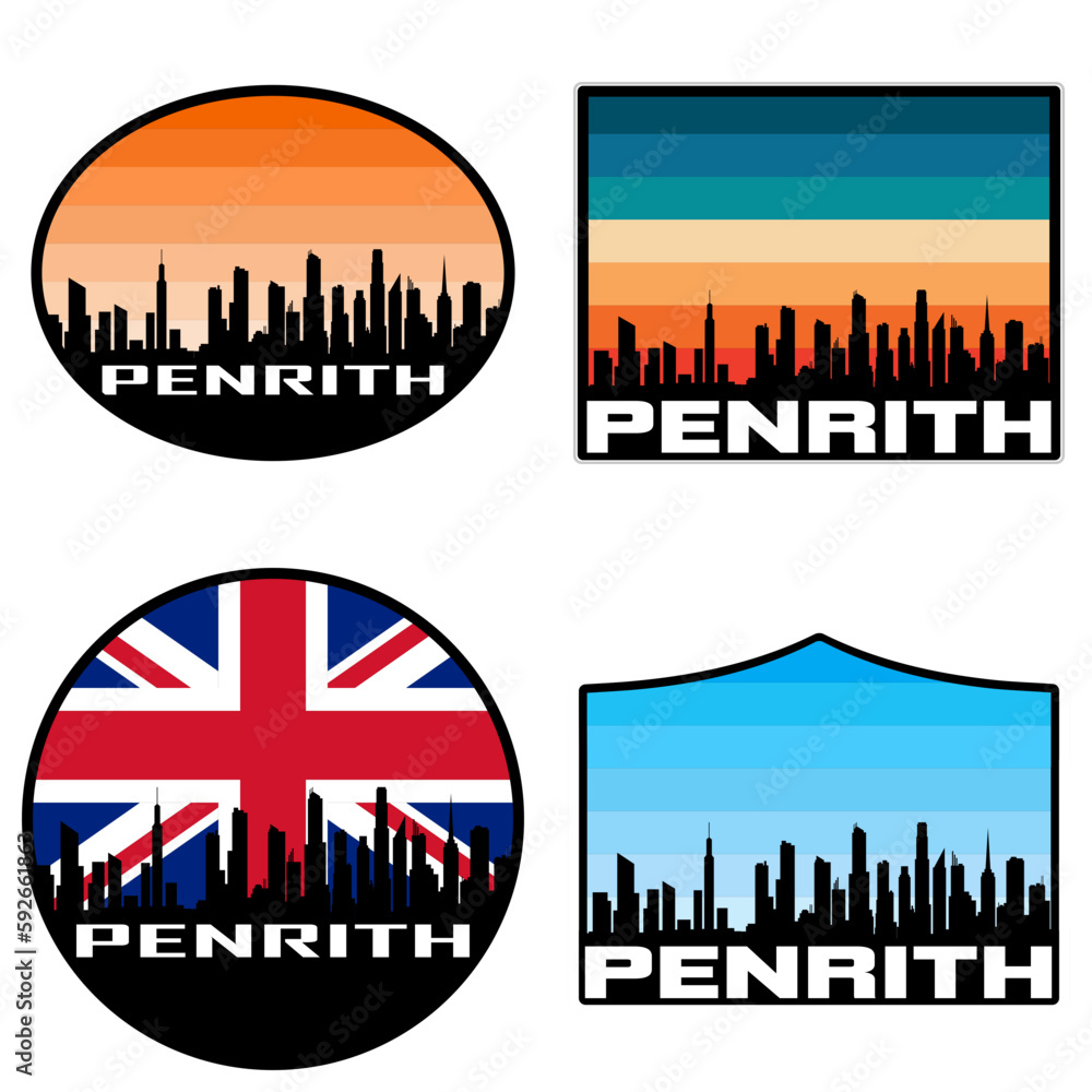 Penrith Skyline Silhouette Uk Flag Travel Souvenir Sticker Sunset Background Vector Illustration SVG EPS AI