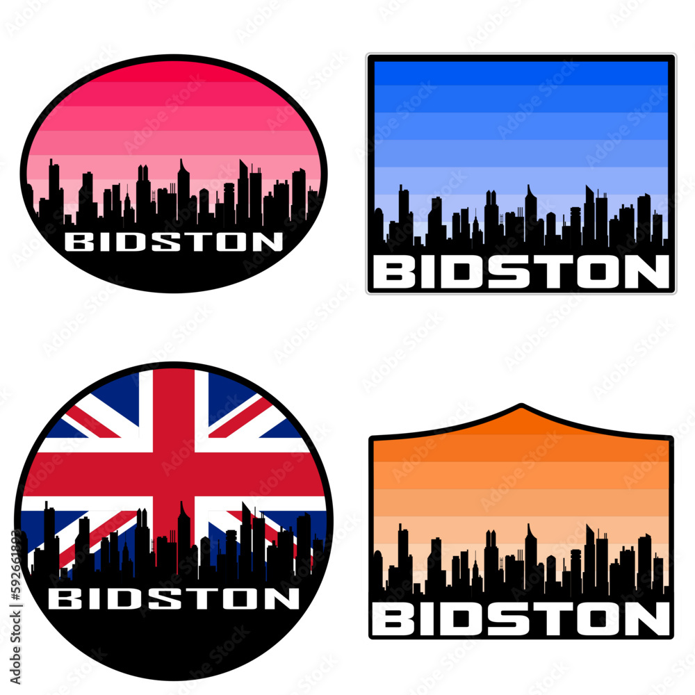Bidston Skyline Silhouette Uk Flag Travel Souvenir Sticker Sunset Background Vector Illustration SVG EPS AI