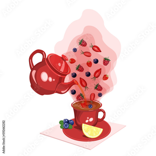 A red teapot and a teacup with a saucer.Steam comes out of the cup with raspberries, strawberries, rosehip, blueberries.Vector composition of a tea party.