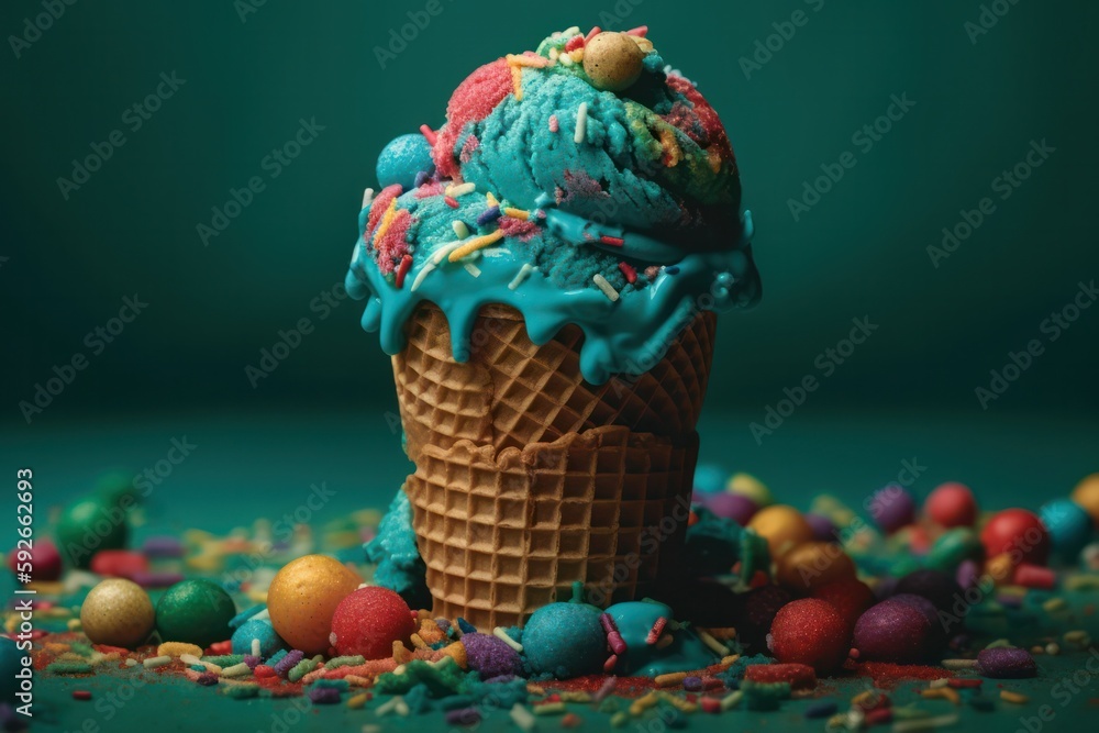 Soft, delicious ice cream in a crispy cone with a playful twist of bright, colorful toppings.