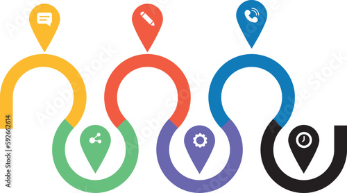 Vector illustration of curves with the icons of message, edit, call, share, settings and timing