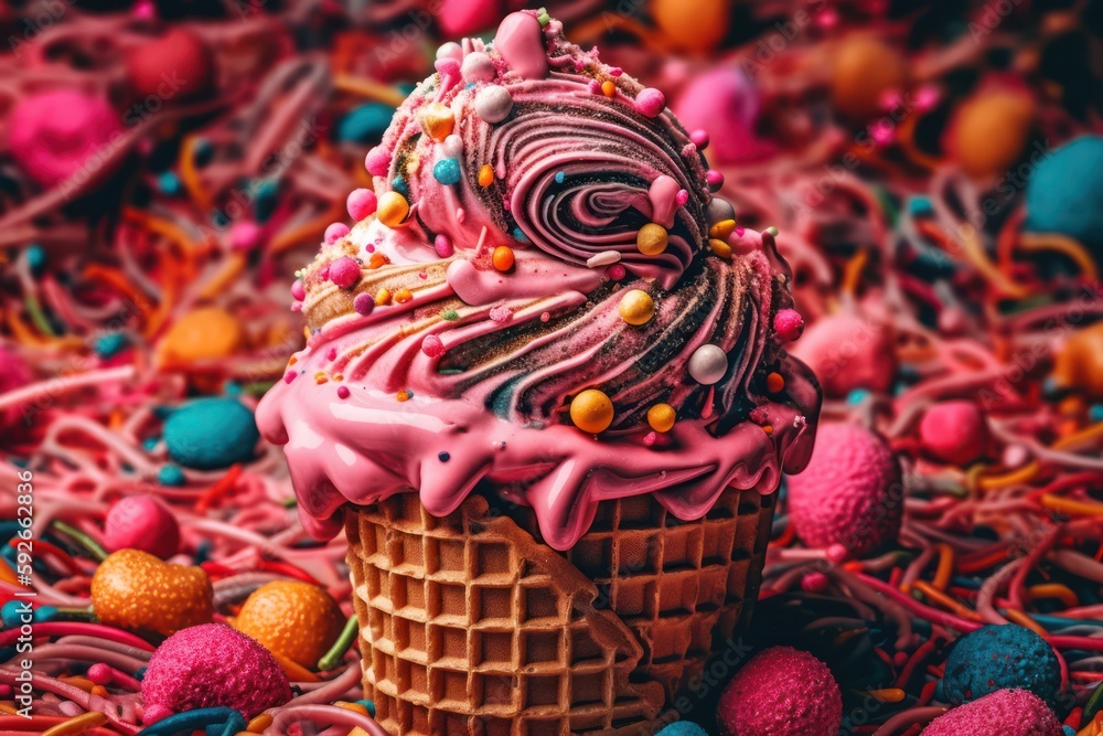 Classic scoop of ice cream in a golden-brown waffle cone with a playful sprinkle of colorful candies and sprinkles.