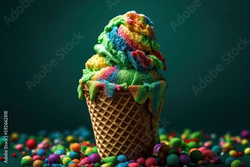 Classic scoop of ice cream in a golden-brown waffle cone with a playful sprinkle of colorful candies and sprinkles.