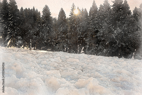 Watercolor of a mountain landscape with snow