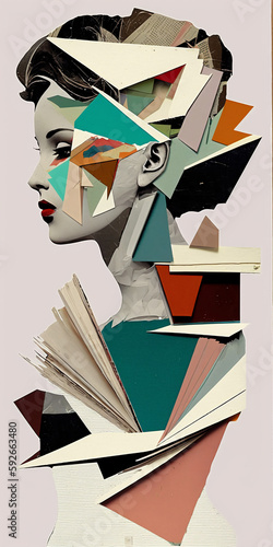 collage art - beautiful young female, in the style of abstracted bodies, multi-colored minimalism, cut/ripped, dissected books, abstraction-creation