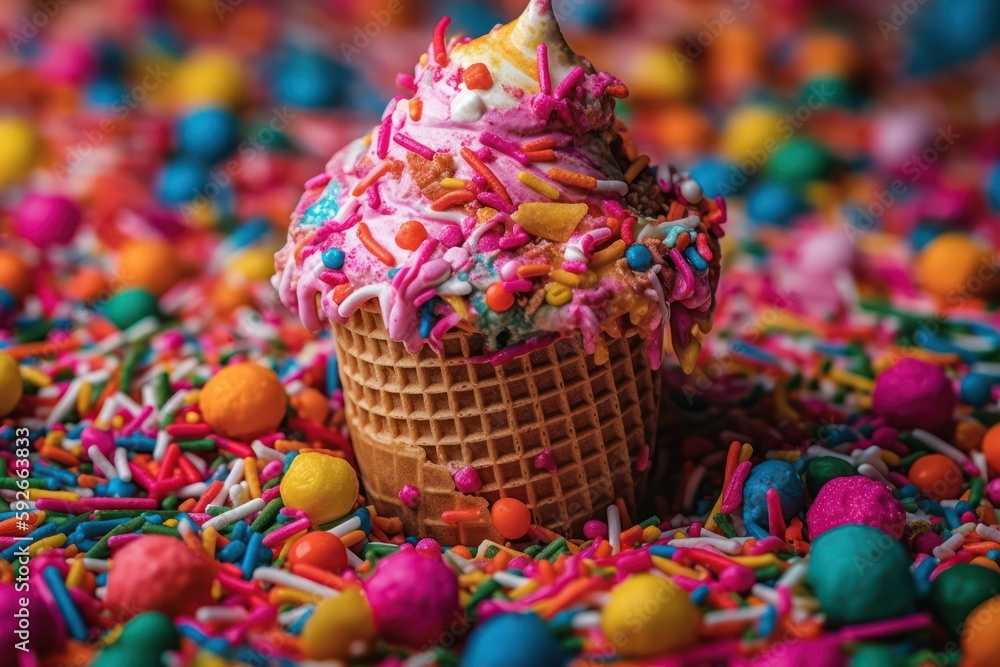 Soft, delicious ice cream in a crispy cone with a playful twist of bright, colorful toppings.