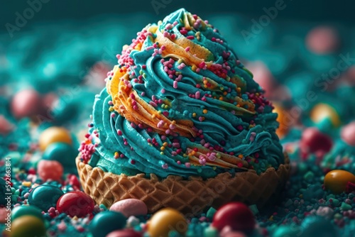 Details of a blue pastel-colored ice cream cone with whipped cream, colourful sprinkles